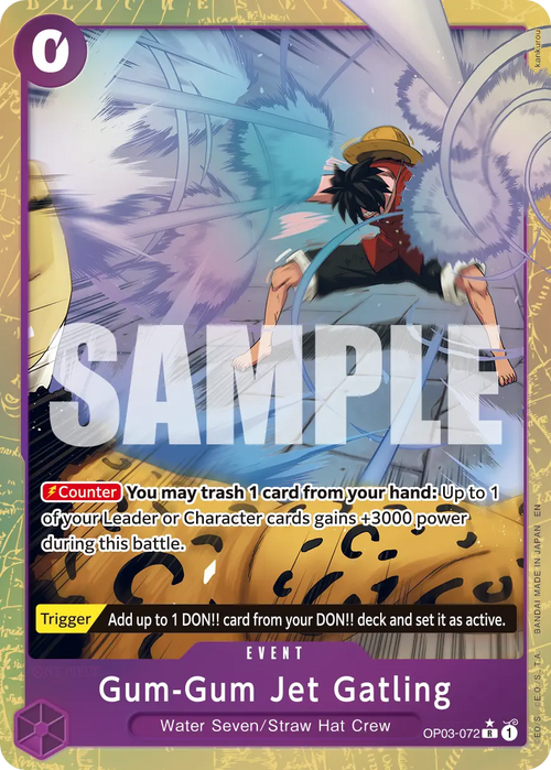 Carta Gum-Gum Jet Gatling OP03-072 One Piece TCG Rara viola Water Seven Straw Hat Crew con effetto Counter +3000 e Trigger DON attiva da The Best Vol.2 PRB02