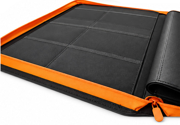 Raccoglitore per Carte Gradate 32 Slot, 4 Tasche, Ecopelle Nera con Zip Arancione
