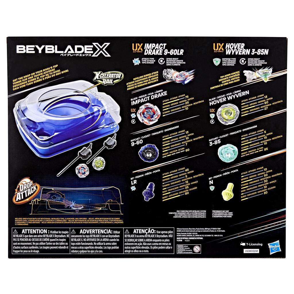 Hasbro Beyblade X Drop Attack Battle Set - Beystadium, 2 Trottole e 2 Lanciatori - Impact Drake + Hover Wyvern - Giocattolo Bambini 8+