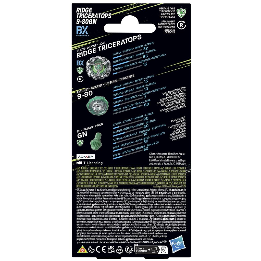 Hasbro Beyblade X Ridge Triceratops 9 - 80GN Booster Pack | Trottola Defense Type | Takara Tomy