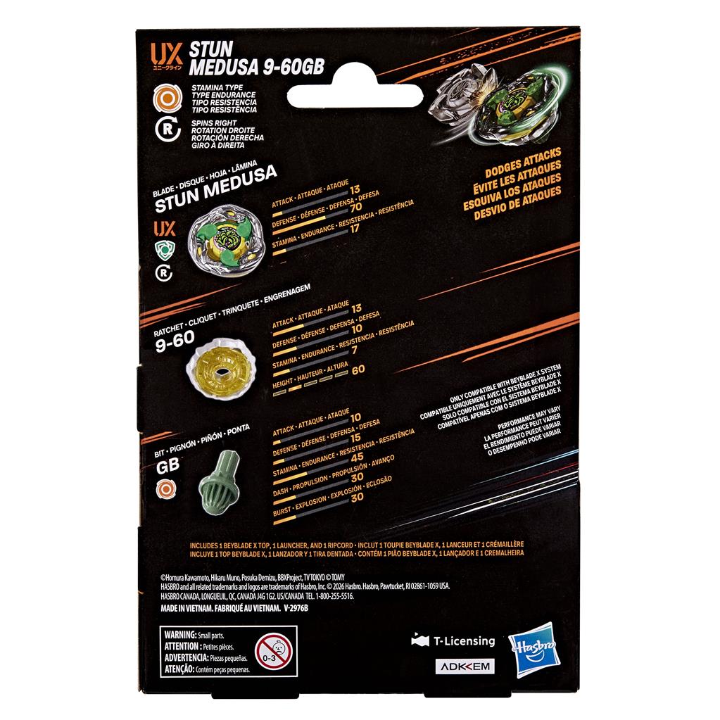 Hasbro Beyblade X Stun Medusa 9 - 60GB UX Starter Pack | Stamina Type | Trottola con Lanciatore