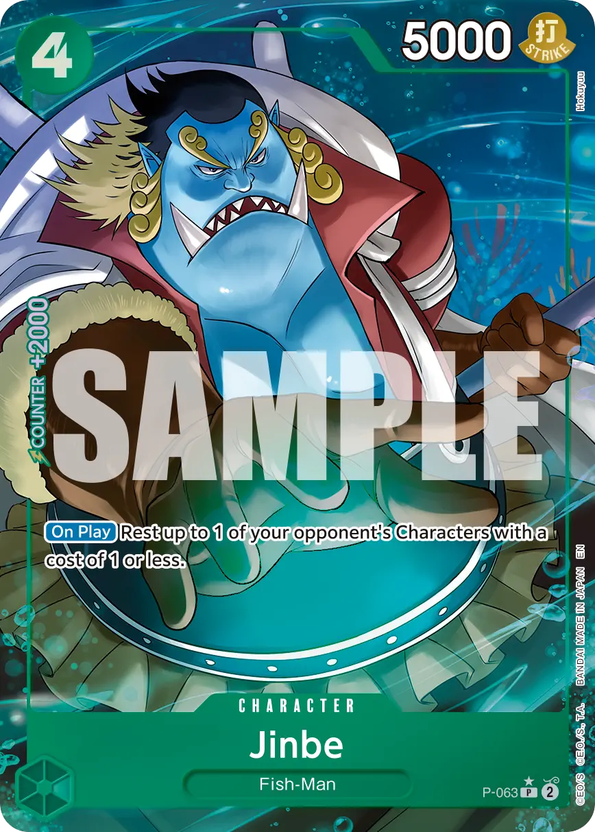 Carta Jinbe P-063 One Piece TCG Leader verde Fish-Man effetto On Play Rest controllo da The Best Vol.2 PRB02
