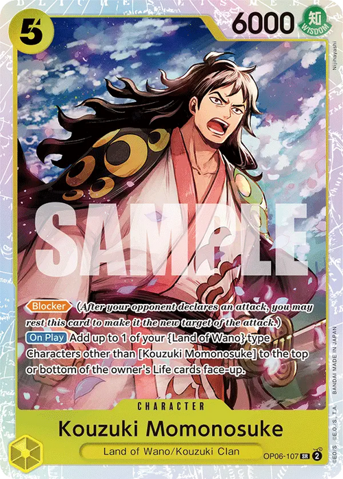 Carta Momonosuke OP06-107 One Piece TCG Super Rara gialla Wano Blocker salva personaggi Life Wings of Captain
