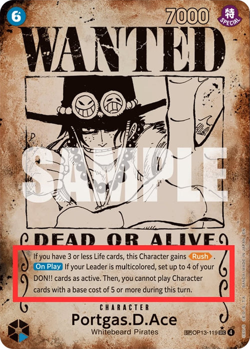 Portgas D Ace (ALTERNATEART - (Pre-Errata Card | " If you Leader is multicolored. . . " wrong text) - Pre-Errata Cards) OP13-119 [ Inglese / Giapponese / Francese / Cinese Semplificato ]