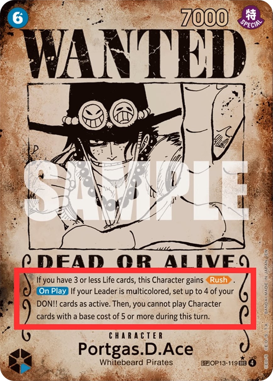 Portgas D Ace (ALTERNATEART - (Pre-Errata Card | " If you Leader is multicolored. . . " wrong text) - Pre-Errata Cards) OP13-119 [ Inglese / Giapponese / Francese / Cinese Semplificato ]